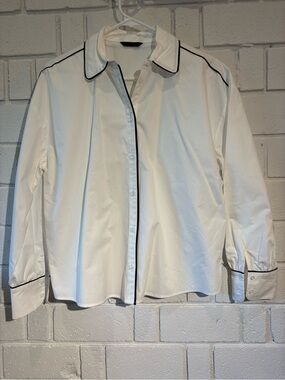 Zara White Button-Up Poplin Shirt with Black Piping